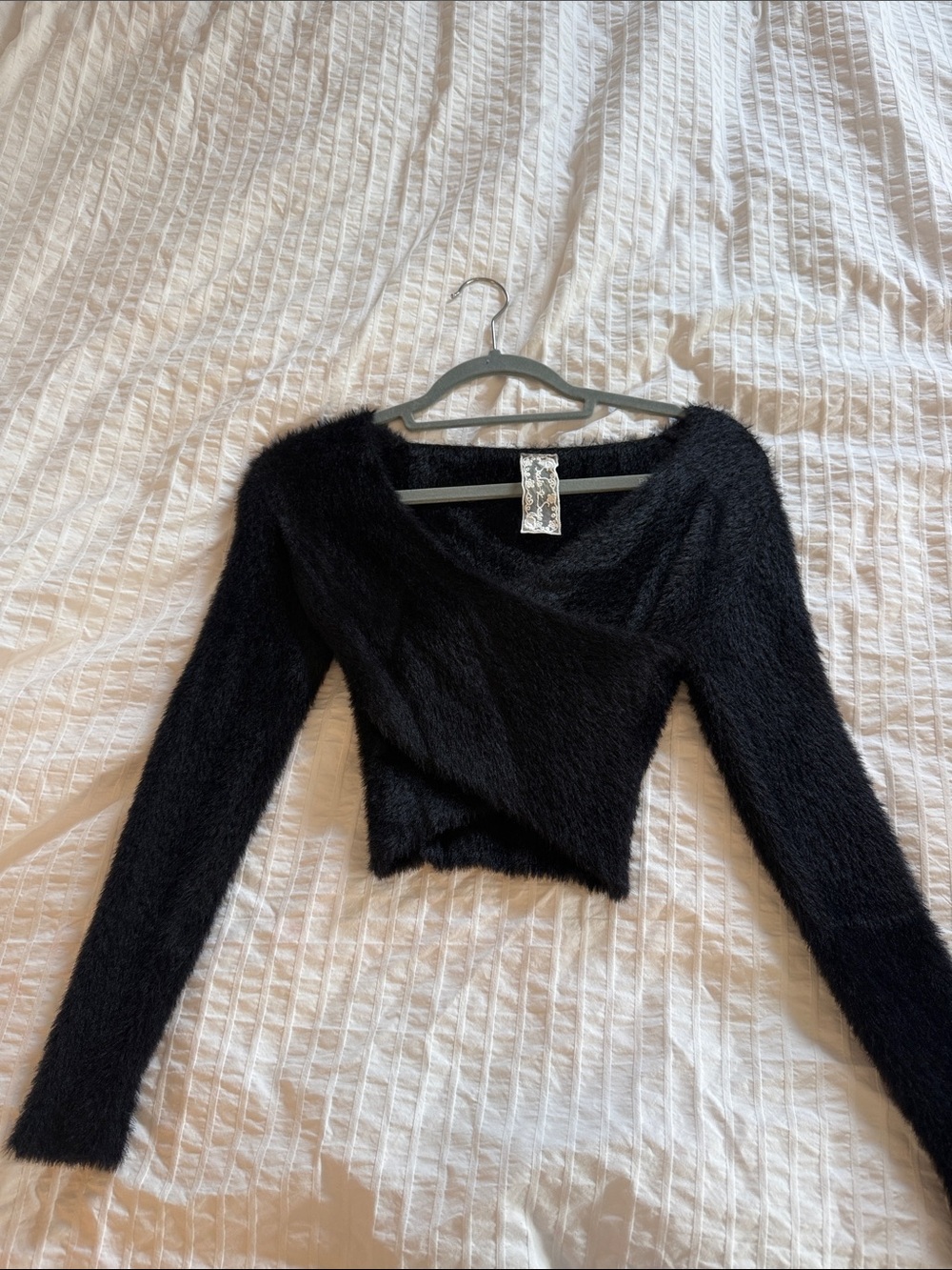 Free People Black Fuzzy Long Sleeve Cropped Sweater